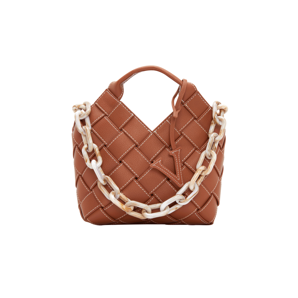 Caramel Woven Leather Basket Handbag with Adjustable Crossbody Shoulder Strap