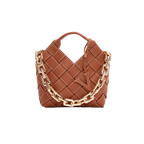 Caramel Woven Leather Basket Handbag with Adjustable Crossbody Shoulder Strap