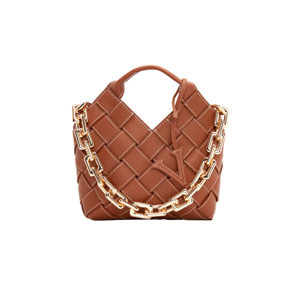 Caramel Woven Leather Basket Handbag with Adjustable Crossbody Shoulder Strap