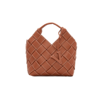 Caramel Woven Leather Basket Handbag with Adjustable Crossbody Shoulder Strap