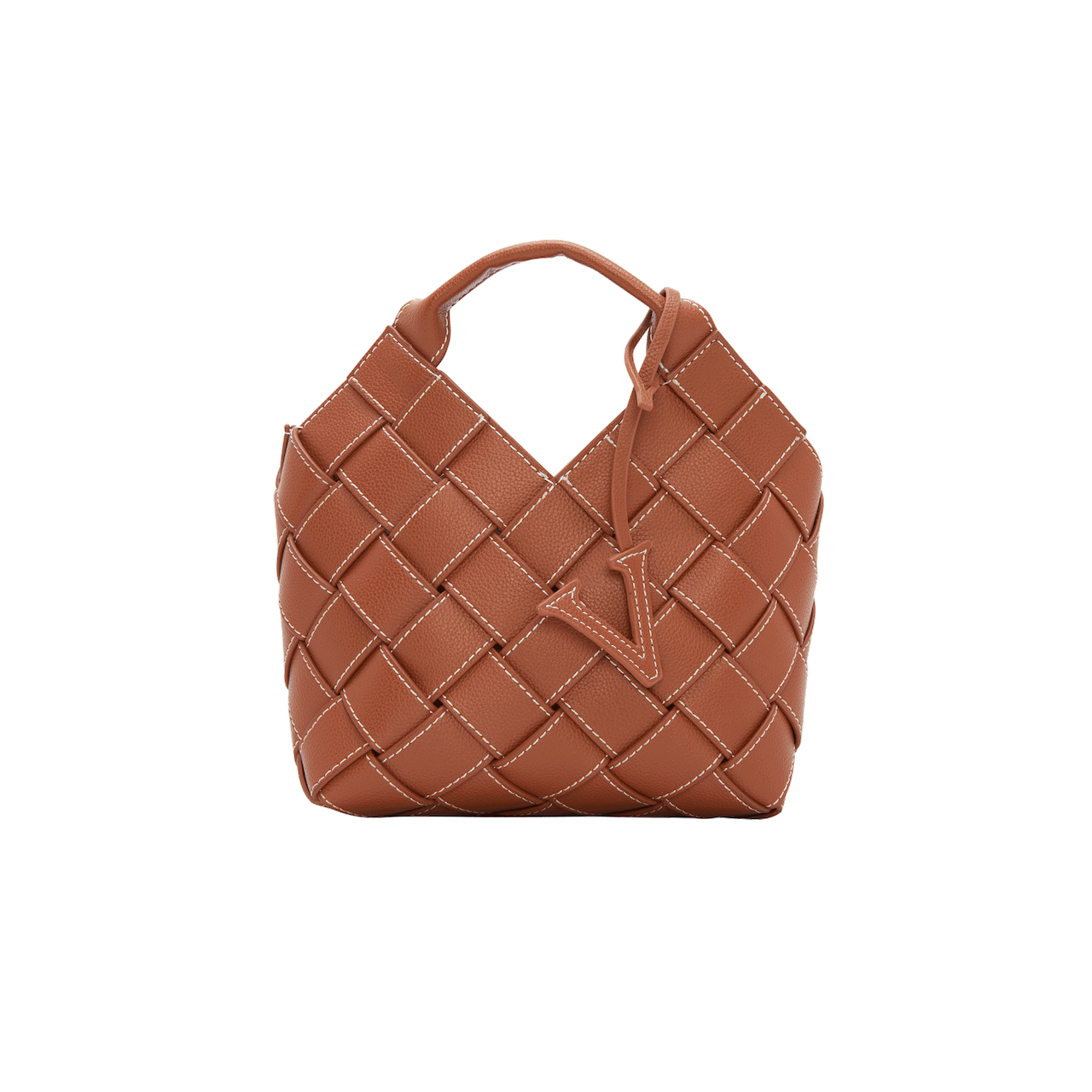Caramel Woven Leather Basket Handbag with Adjustable Crossbody Shoulder Strap