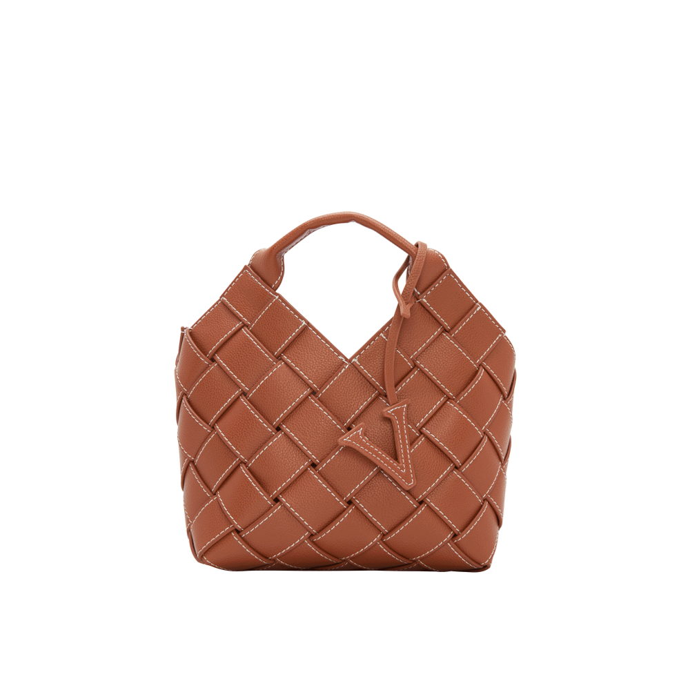Caramel Woven Leather Basket Handbag with Adjustable Crossbody Shoulder Strap