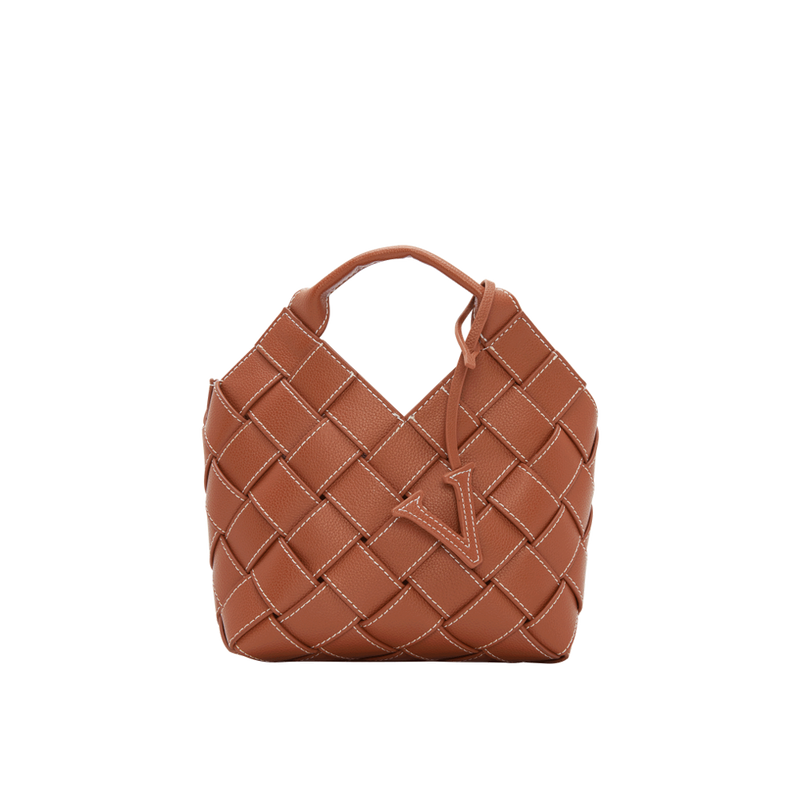 Caramel Woven Leather Basket Handbag with Adjustable Crossbody Shoulder Strap