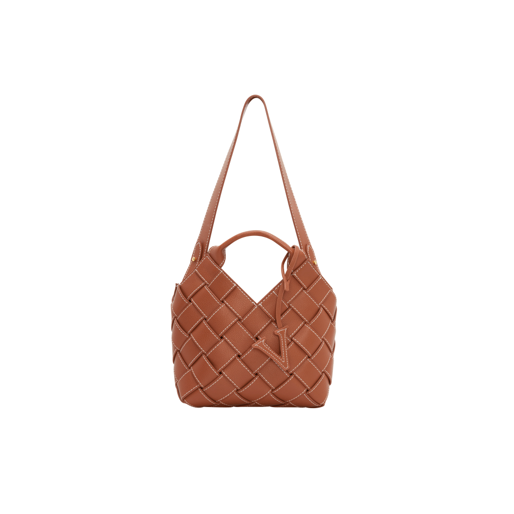 Caramel Woven Leather Basket Handbag with Adjustable Crossbody Shoulder Strap