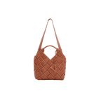 Caramel Woven Leather Basket Handbag with Adjustable Crossbody Shoulder Strap