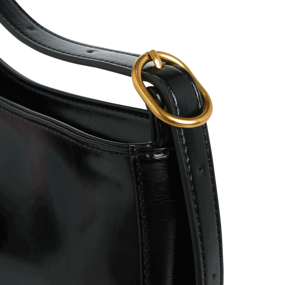 Chic Genuine Leather Black Shoulder Bag with Golden Hardware - Compact Baguette Style