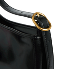 Chic Genuine Leather Black Shoulder Bag with Golden Hardware - Compact Baguette Style