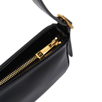 Chic Genuine Leather Black Shoulder Bag with Golden Hardware - Compact Baguette Style
