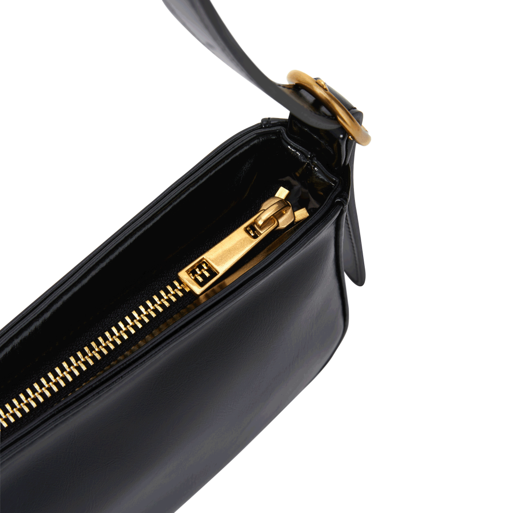 Chic Genuine Leather Black Shoulder Bag with Golden Hardware - Compact Baguette Style