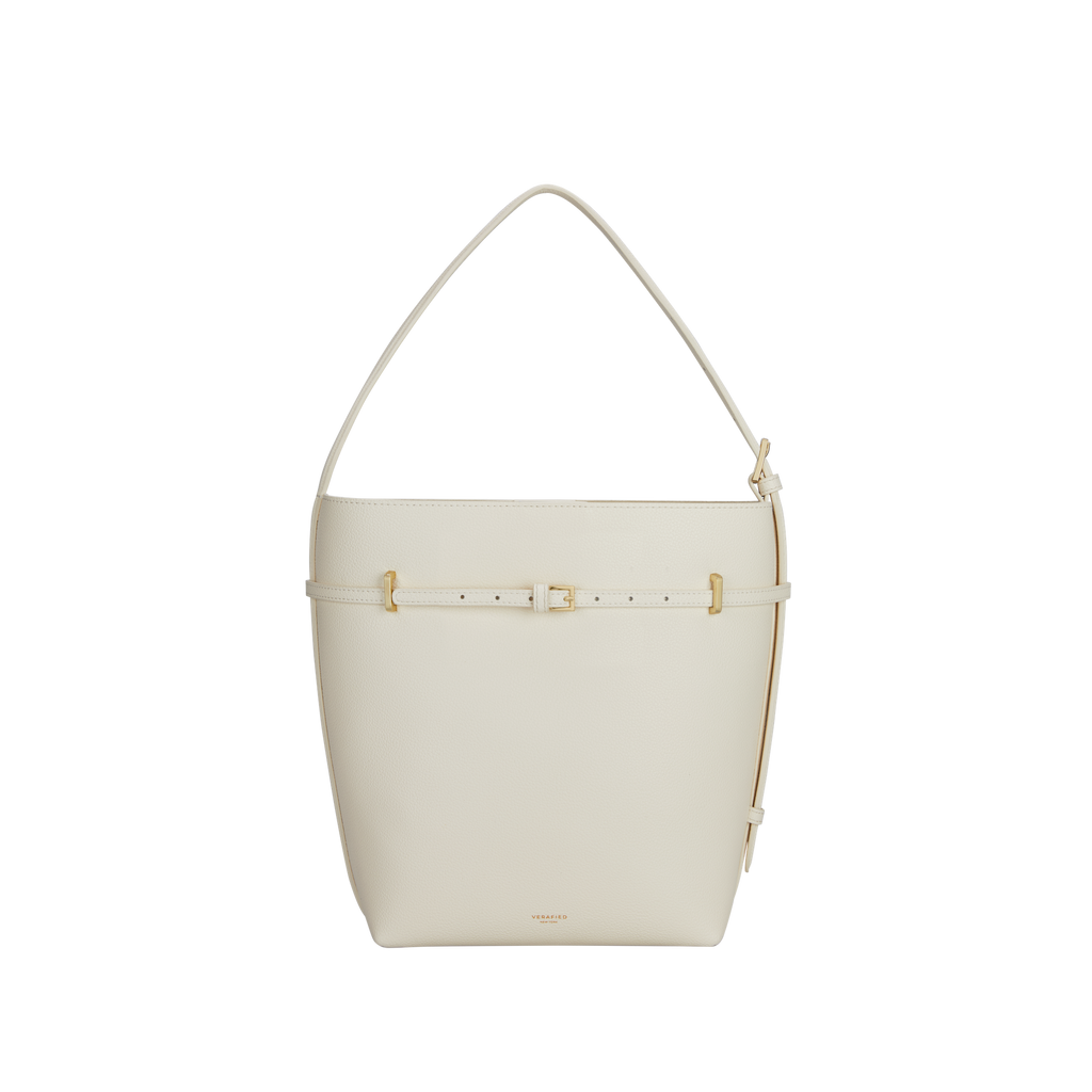 Chic Ivory Togo Leather Belted Tote Bag - Stylish Adjustable Shoulder Handbag