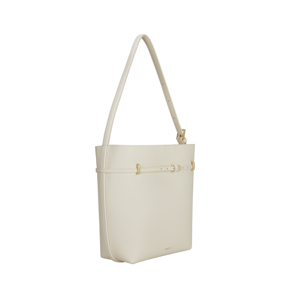 Chic Ivory Togo Leather Belted Tote Bag - Stylish Adjustable Shoulder Handbag