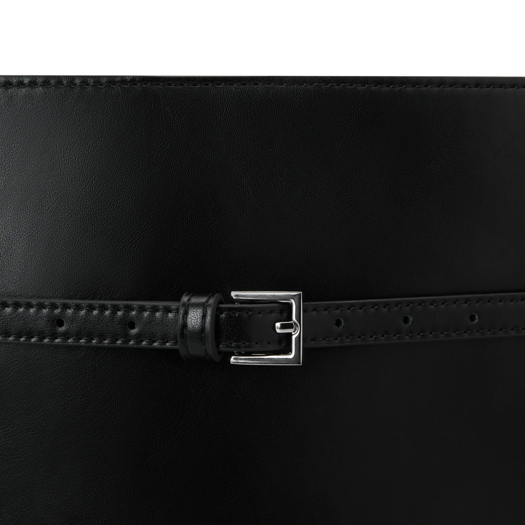 Chic Black Waxy Leather Belted Tote Bag, Versatile Shoulder Carry