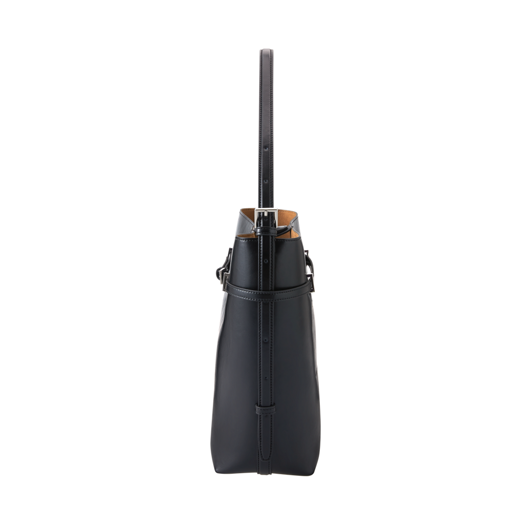 Chic Black Waxy Leather Belted Tote Bag, Versatile Shoulder Carry