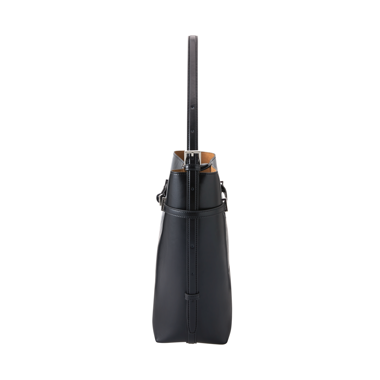 Chic Black Waxy Leather Belted Tote Bag, Versatile Shoulder Carry