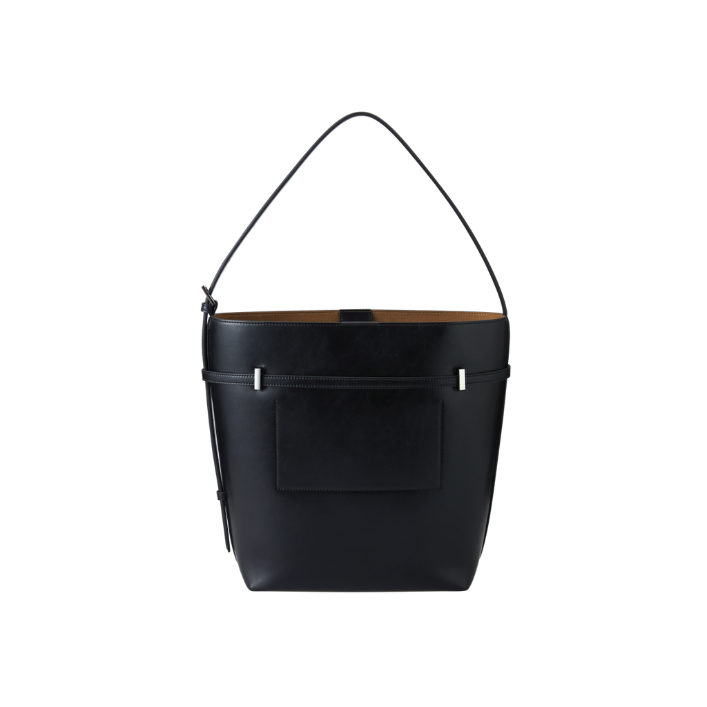 Chic Black Waxy Leather Belted Tote Bag, Versatile Shoulder Carry