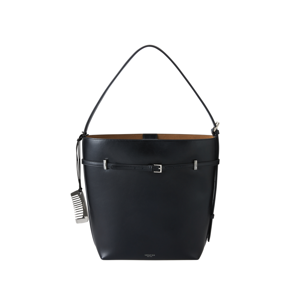 Chic Black Waxy Leather Belted Tote Bag, Versatile Shoulder Carry