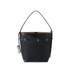 Chic Black Waxy Leather Belted Tote Bag, Versatile Shoulder Carry
