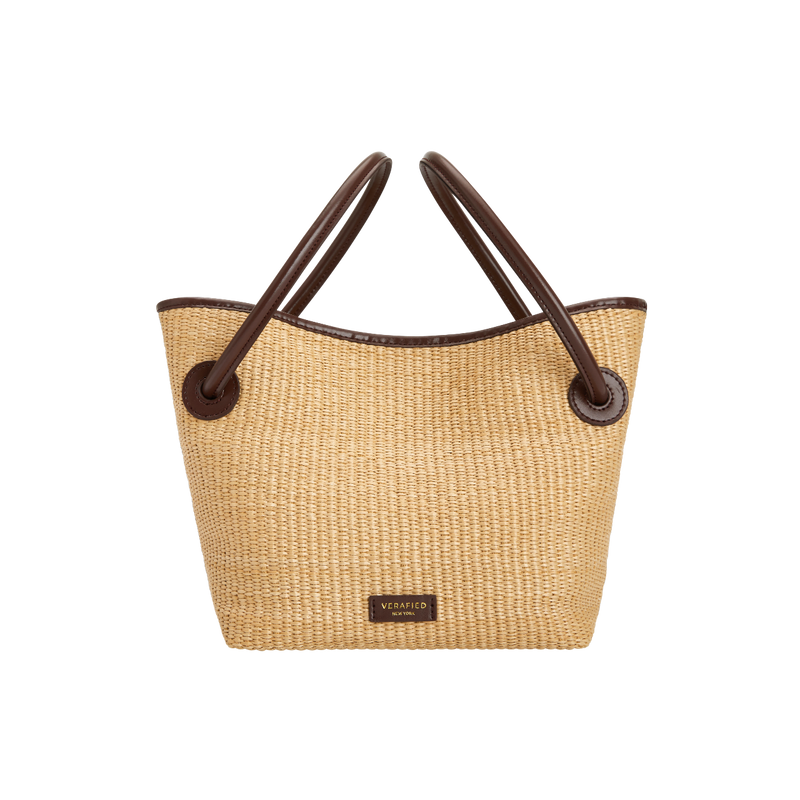 Stylish Raffia Bucket Tote Handbag with Leather Trim, Adjustable Crossbody Strap