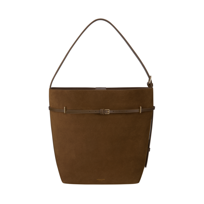 Chic Toffee Suede Belted Tote Bag: Versatile Shoulder Carry, Adjustable Strap