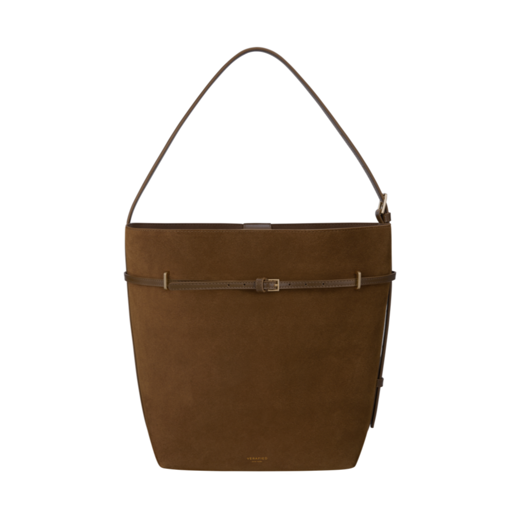 Chic Toffee Suede Belted Tote Bag: Versatile Shoulder Carry, Adjustable Strap