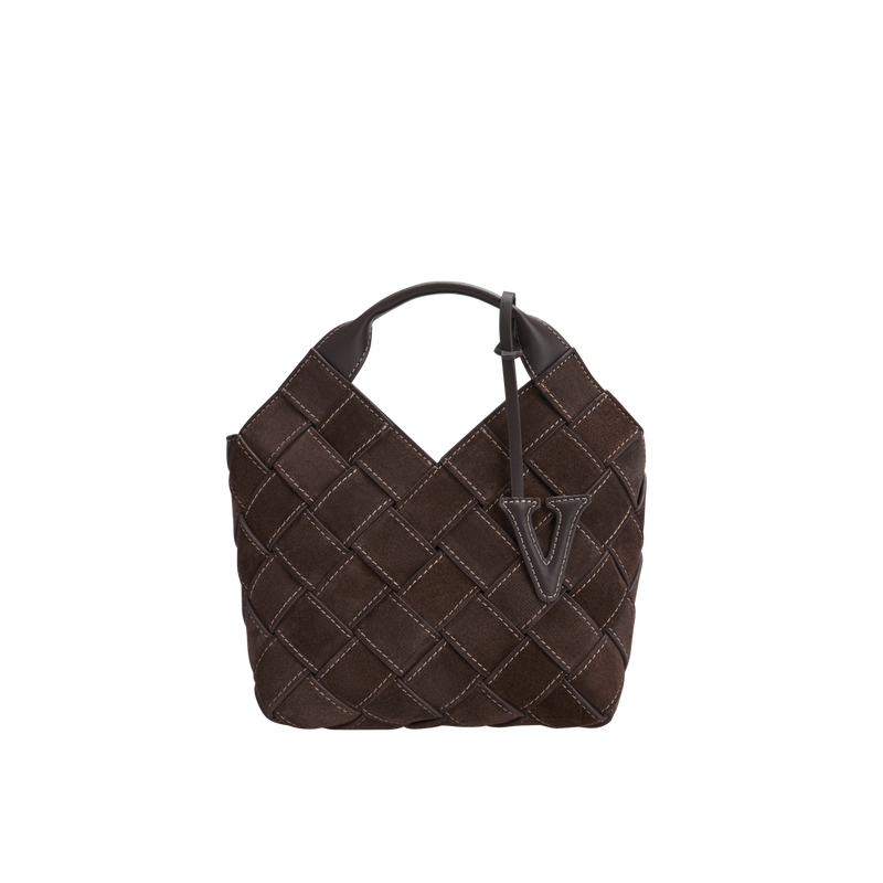 Luxurious Espresso Suede Woven Basket Handbag with Versatile Shoulder Straps