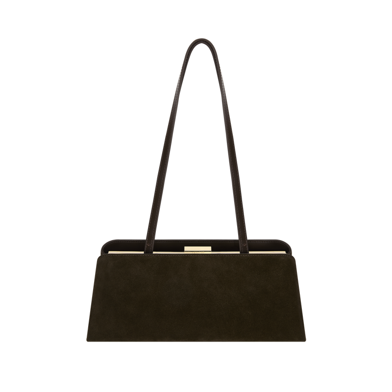 Espresso Suede Éclair Convertible Clutch Shoulder Handbag with Metallic Frame Closure