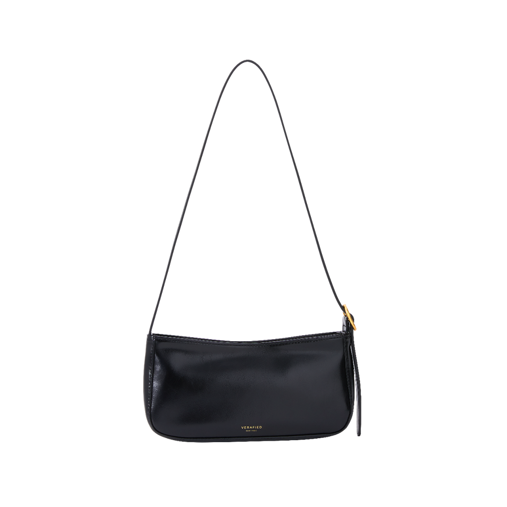 Chic Genuine Leather Black Shoulder Bag with Golden Hardware - Compact Baguette Style