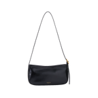 Chic Genuine Leather Black Shoulder Bag with Golden Hardware - Compact Baguette Style
