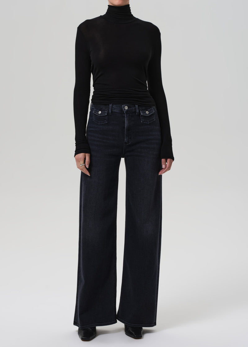 Issy High-Rise Wide Leg Washed Black Denim Jeans with Utilitarian Pockets