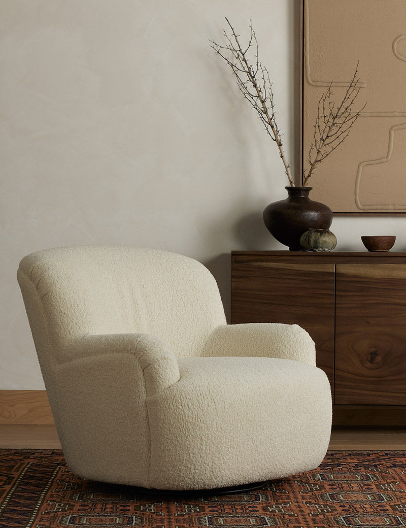 Preston Modern Sculpted High Back Swivel Accent Chair in Sheepskin
