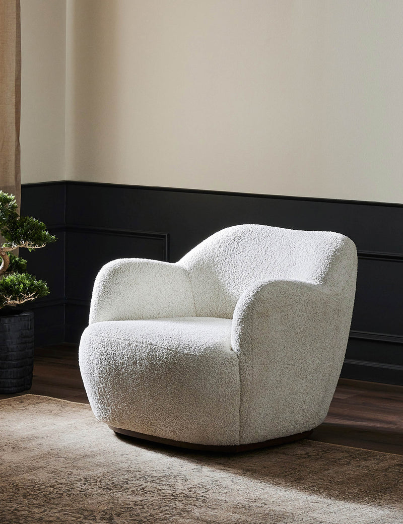 Selkie Modern Barrel Swivel Chair with Sculptural Silhouette Upholstery