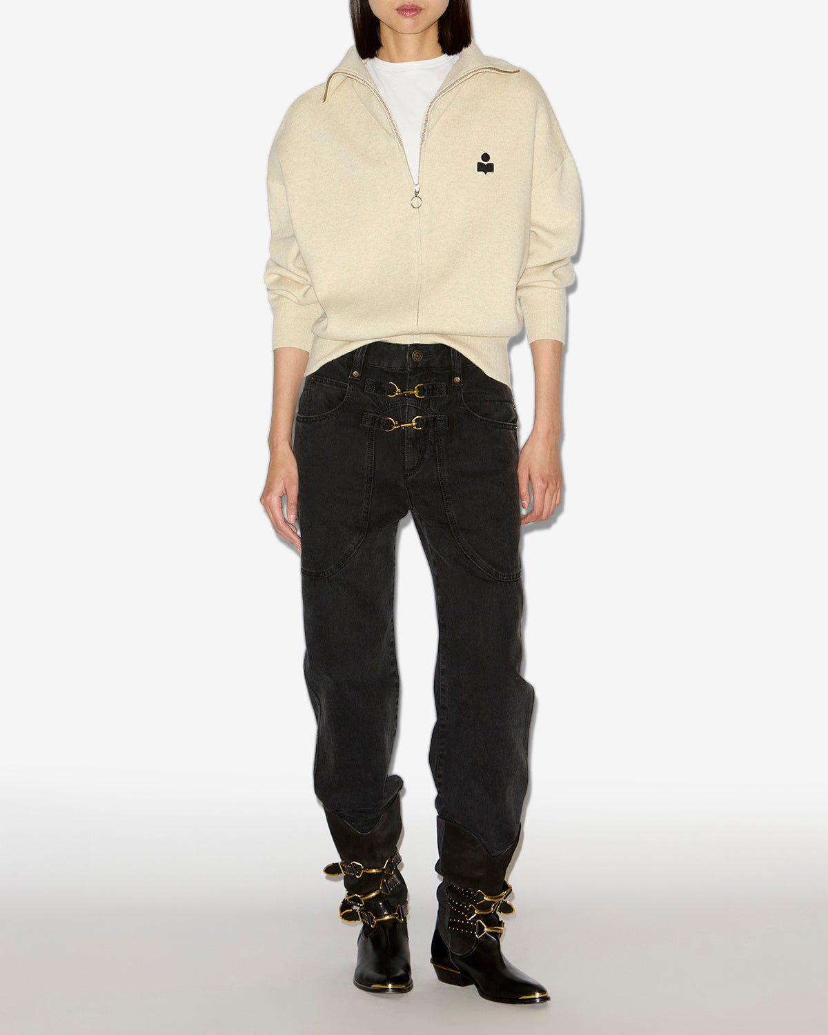 Chic Axelle Women's Cotton Wool Zip Roll Neck Cardigan Light Gray