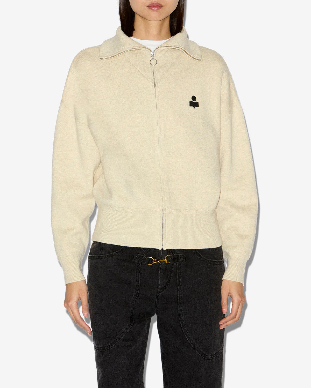 Chic Axelle Women's Cotton Wool Zip Roll Neck Cardigan Light Gray