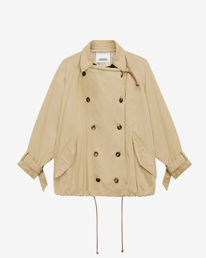 Stylish Dusika Beige Cotton Gabardine Short Trench Coat with Drawstring Hem