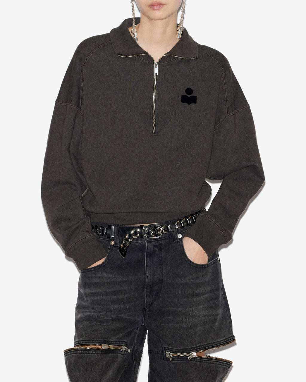 Chic Etoile Ross Women's Black Cotton Stand-Up Collar Zippered Sweatshirt