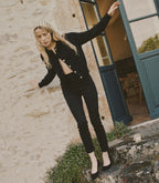 DOEN Petra Black Alpaca Merino Wool Cardigan - Soft Crew Neck Sweater