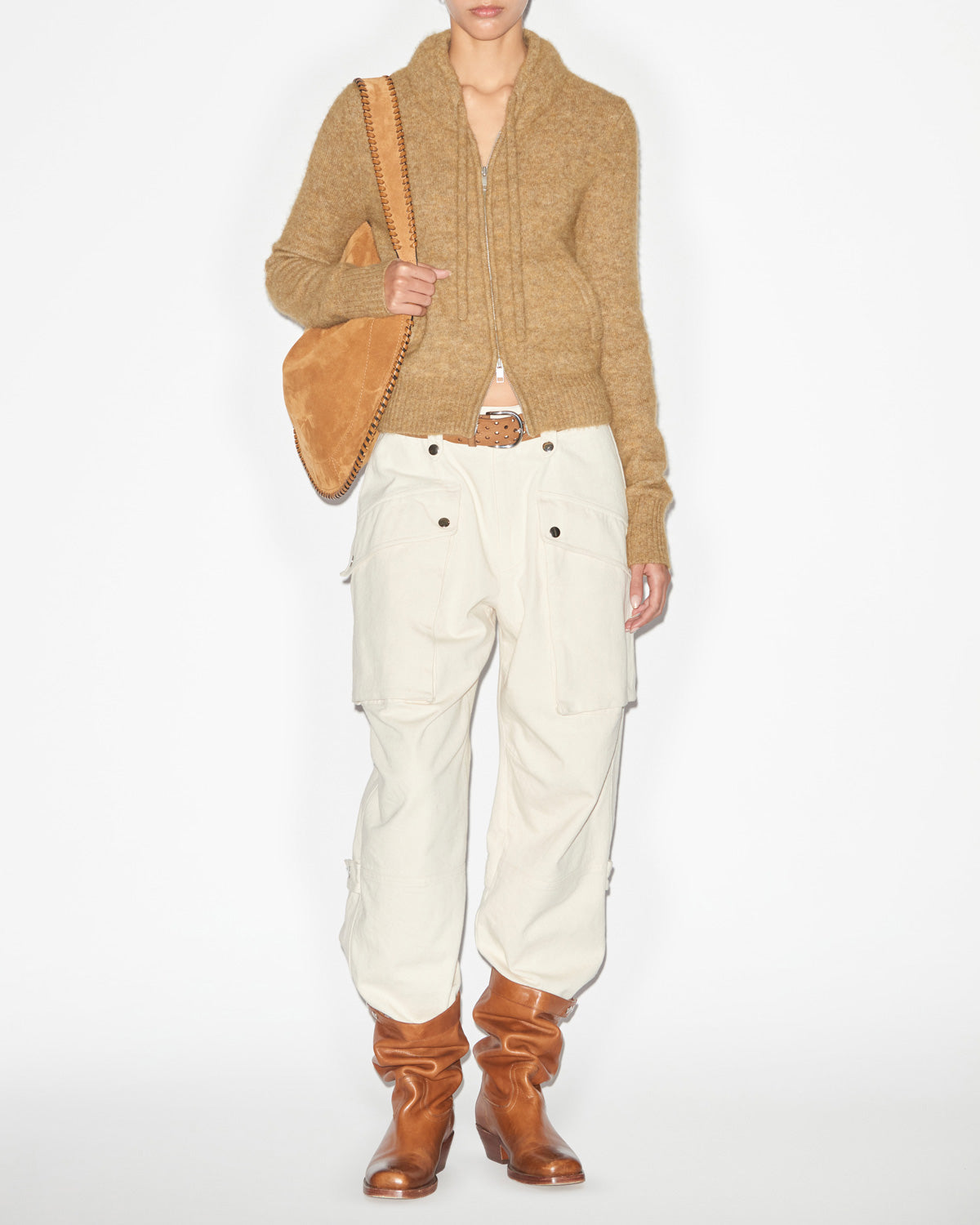 Chic Milly Alpaca Knit Cardigan: Padded Collar, Drawstring, Zippered Style