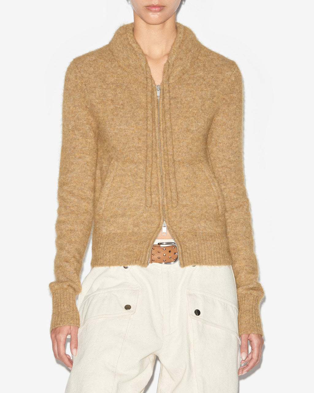 Chic Milly Alpaca Knit Cardigan: Padded Collar, Drawstring, Zippered Style