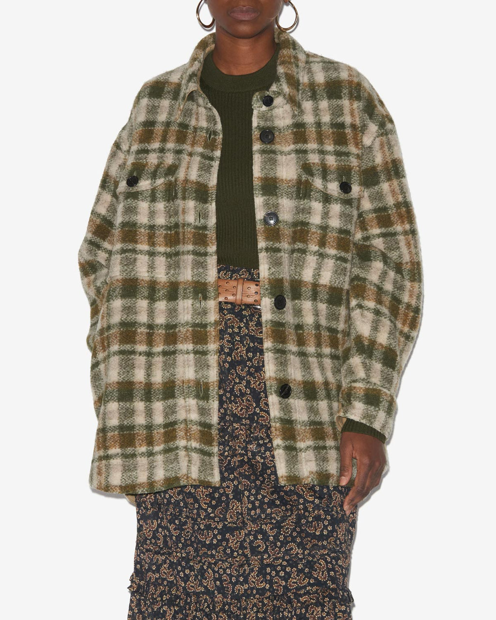 Chic Harveli Checkered Wool Blend Coat - Relaxed Fit, Shirt Collar, Patch Pockets