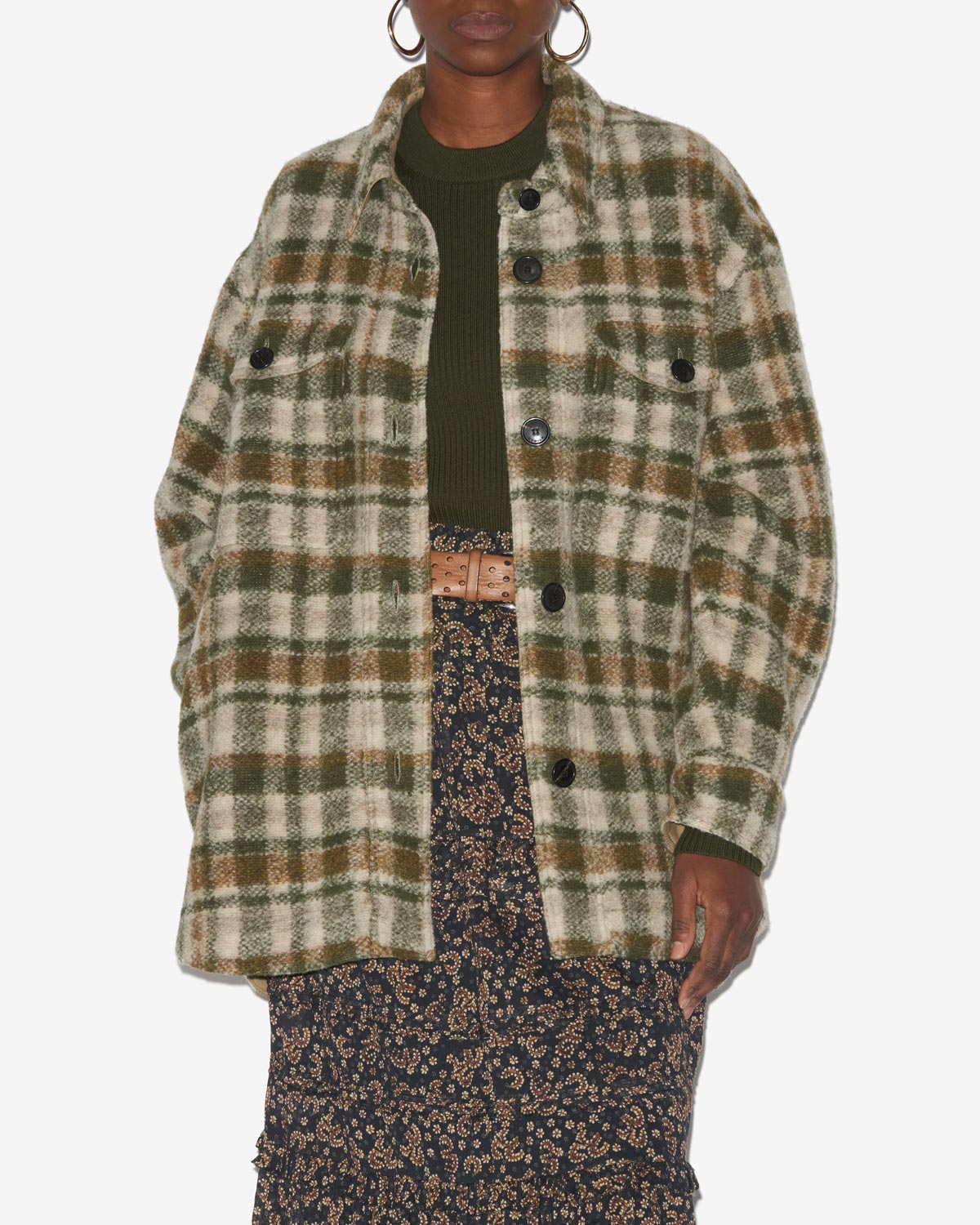 Chic Harveli Checkered Wool Blend Coat - Relaxed Fit, Shirt Collar, Patch Pockets