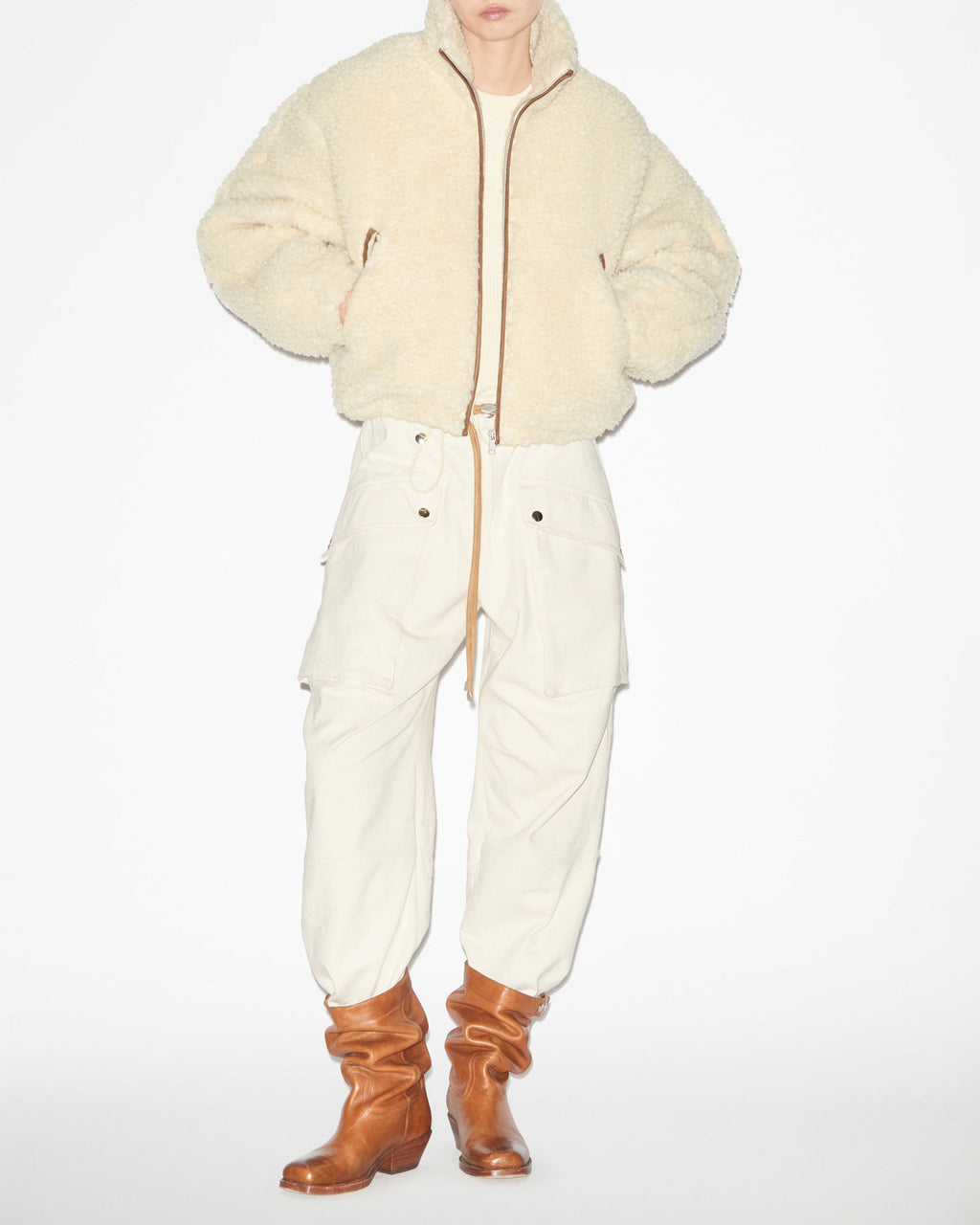 Chic Etoile Mackensy Ecru Shearling Style Coat with Zipper Closure