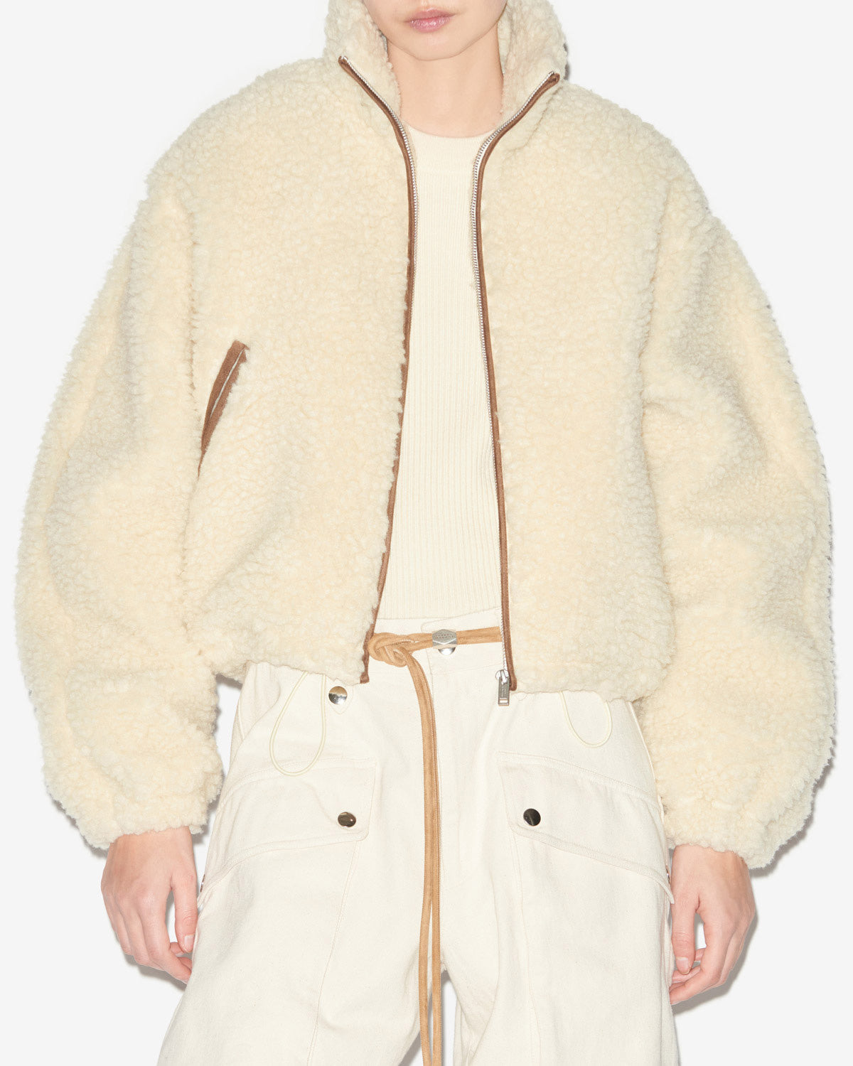 Chic Etoile Mackensy Ecru Shearling Style Coat with Zipper Closure
