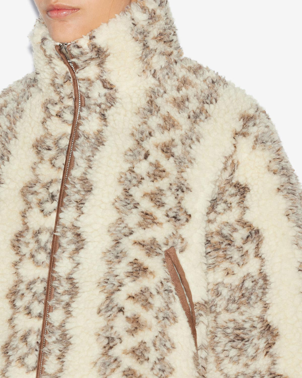 Chic Mackensy Ecru-Brown Shearling Style Cropped Coat Warm Winter Outerwear