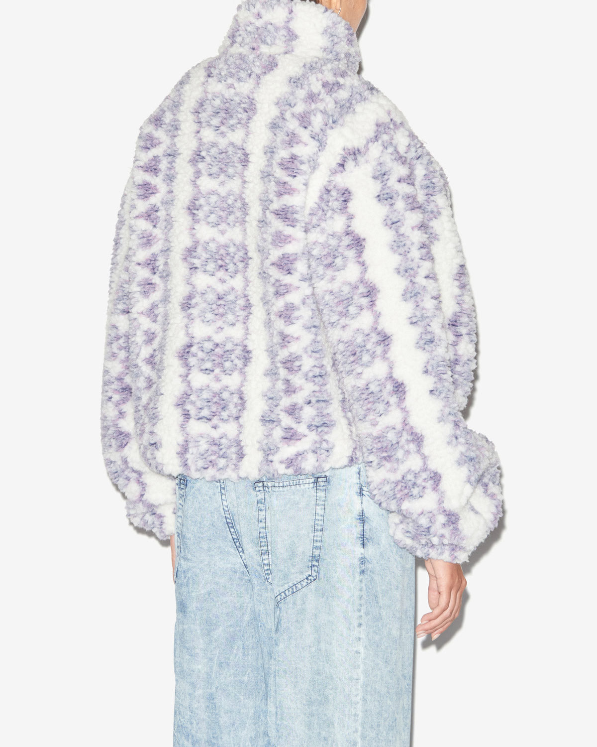 Chic Mackensy Ecru-Purple Shearling Style Coat with Zipper & Pockets