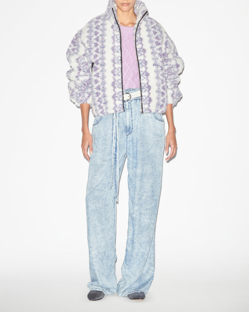 Chic Mackensy Ecru-Purple Shearling Style Coat with Zipper & Pockets