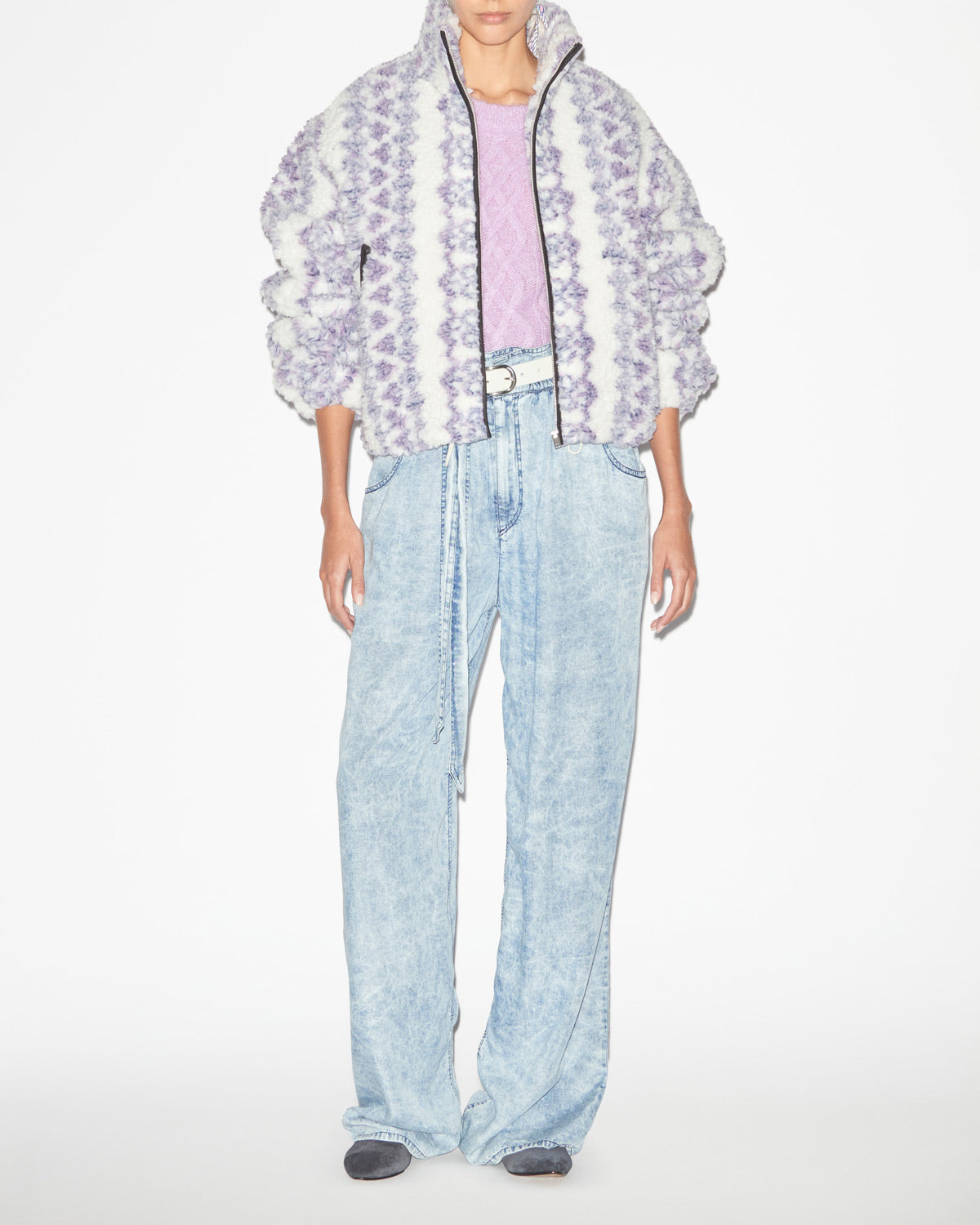 Chic Mackensy Ecru-Purple Shearling Style Coat with Zipper & Pockets