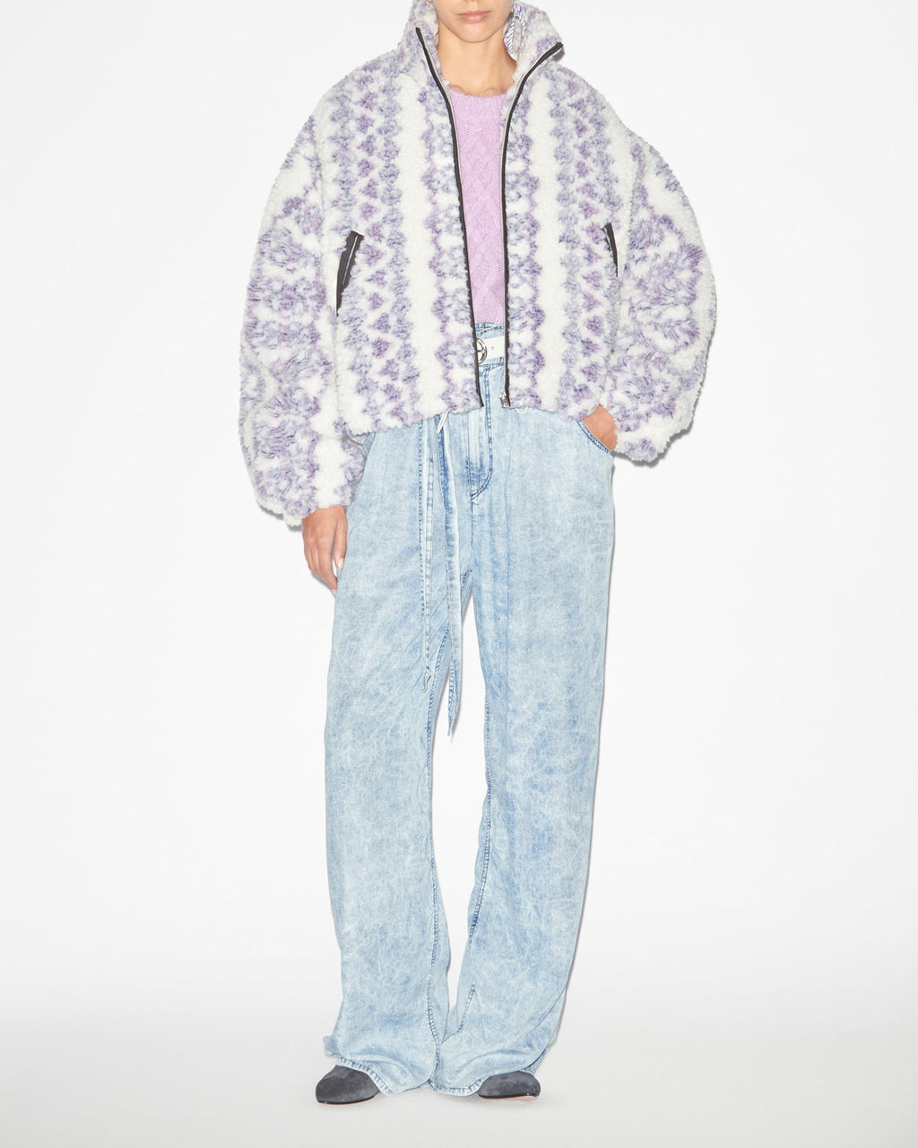 Chic Mackensy Ecru-Purple Shearling Style Coat with Zipper & Pockets