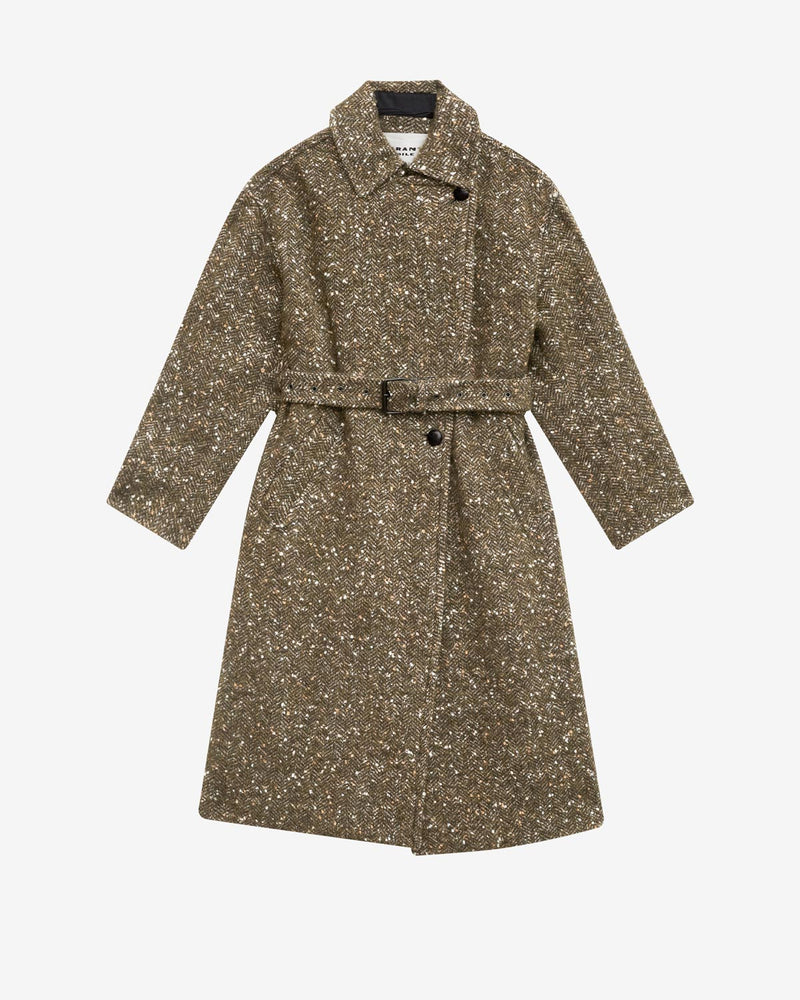 Horia Long Mottled Wool Blend Coat: Elegant Belted Khaki Women's Outerwear
