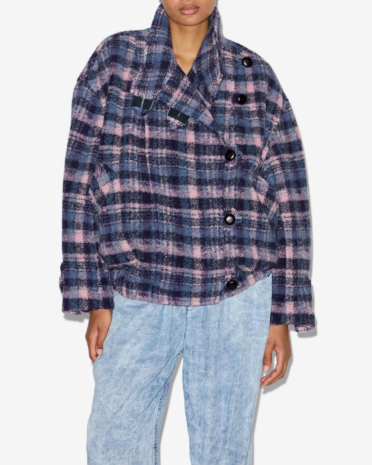 Chic Laeli Cropped Checkered Wool Blend Coat - Lilac-Navy