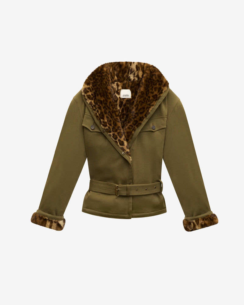 Isabel Marant Jerika Bronze Cotton Twill Short Coat with Faux Leopard Fur Trim